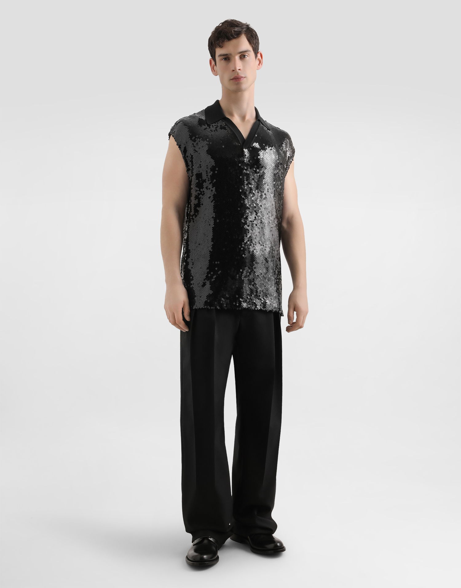 Polotröja Dolce & Gabbana Dolce & Gabbana Men's Sequined Sleeveless Polo Svart | G8ST8TFLSEPN0000, 1