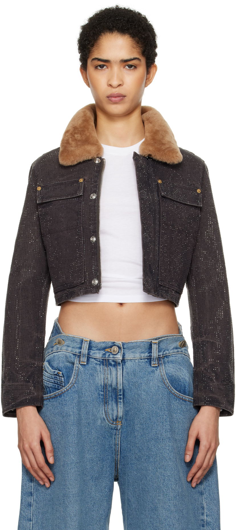 Jacka Alexander Wang Alexander Wang Workwear Cropped Denim Jacket with Shearling Collar Brun | 1WC4242501
