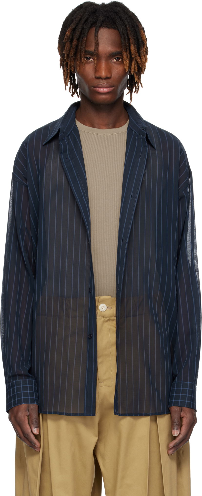 Skjorta sage NATION SAGE NATION Chisholm Sheer Striped Shirt Mörkblå | S075 CHISHOLM SHIRT