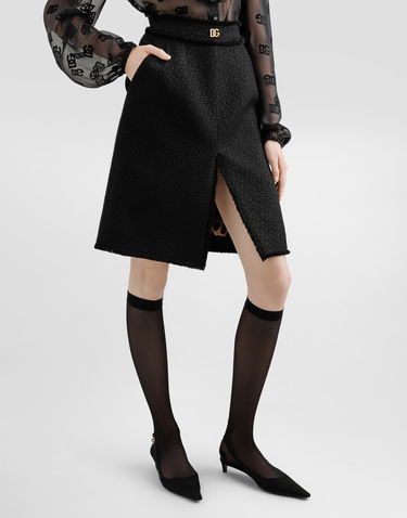 Kjol Dolce & Gabbana Dolce & Gabbana Raschel Tweed Midi Skirt with Central Slit and DG Logo Svart | F4C2DTGDCLWN0000, 3