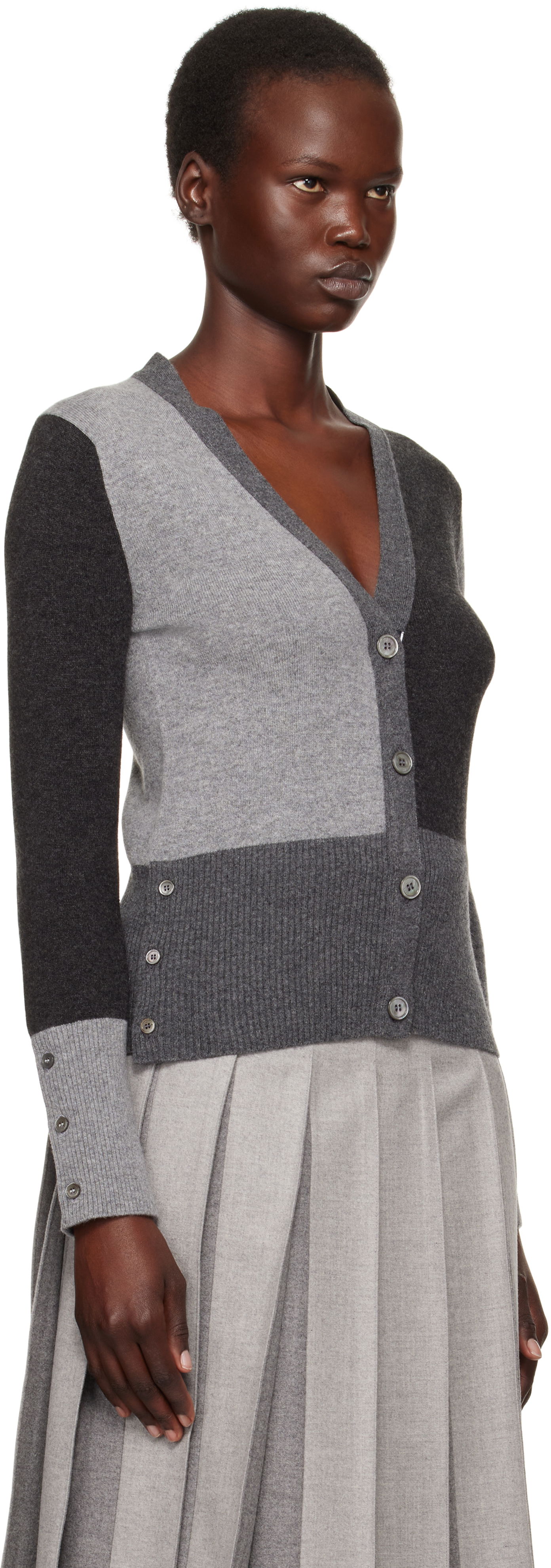 Sweater Thom Browne Funmix 4-Bar V-Neck Cardigan Grå | FKC001F-00011, 1