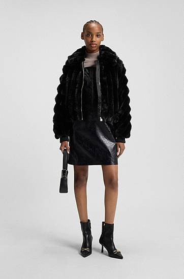 Jacka BOSS Cropped Faux-Fur Jacket with Adjustable Drawstring Hem and Full Zip Svart | 50546815, 1