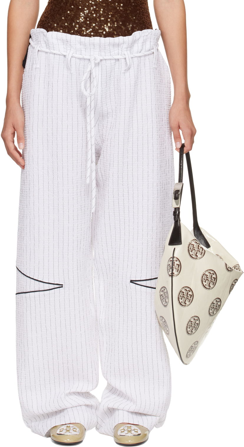 Byxor Tory Burch SSENSE Exclusive Pinstripe Crinkled Cotton Drawstring Baggy Trousers Vit | 175600-008