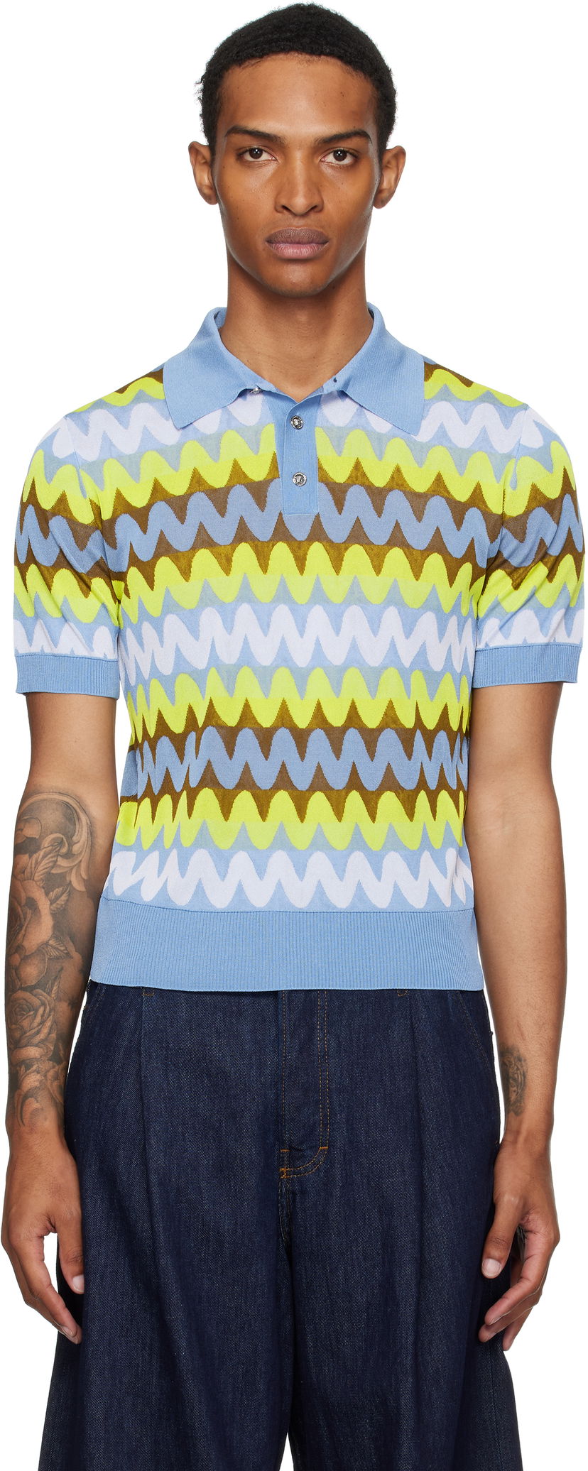 Polotröja Versace Versace Wave Knit Polo Blå | 1019862_1A14045