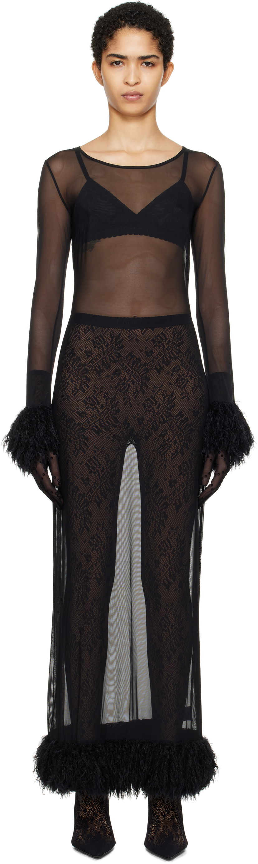 Klä Marine Serre Feather Trim Mesh Maxi Dress Svart | WDR276A
