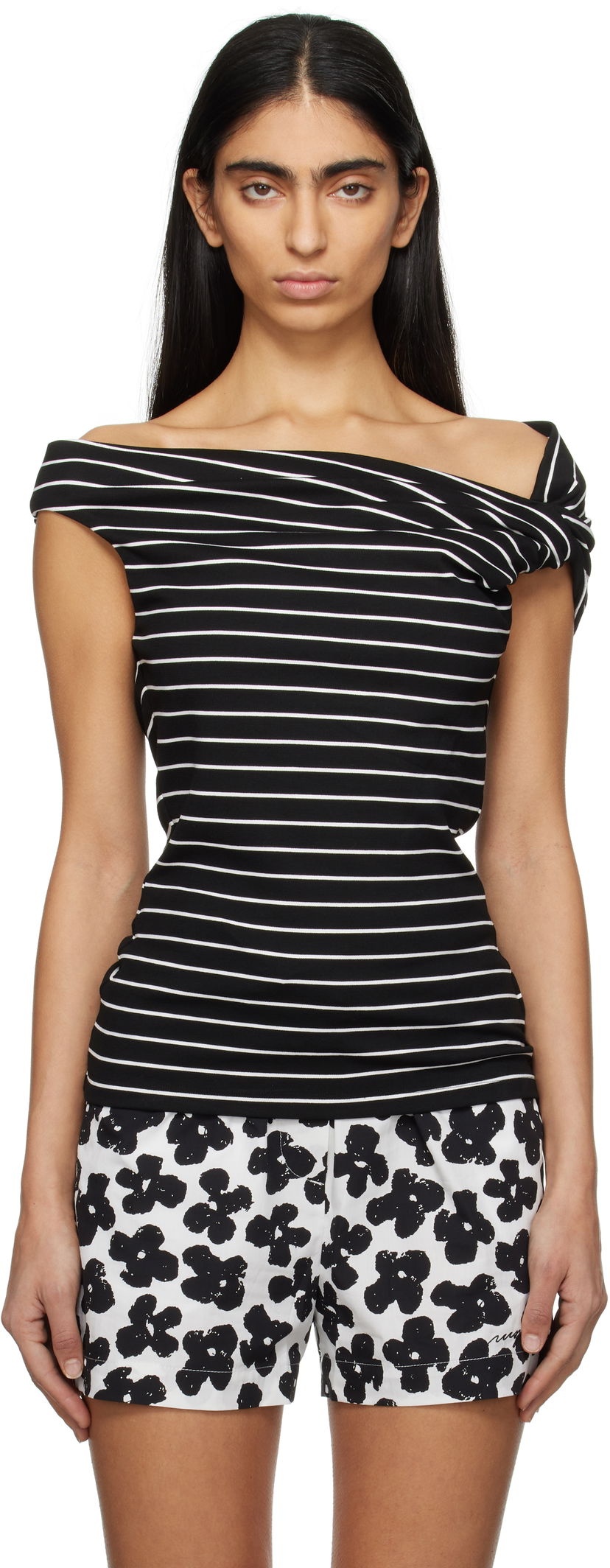 Linne MSGM MSGM Striped Off-Shoulder Top Svart | 3841MDM02 257115
