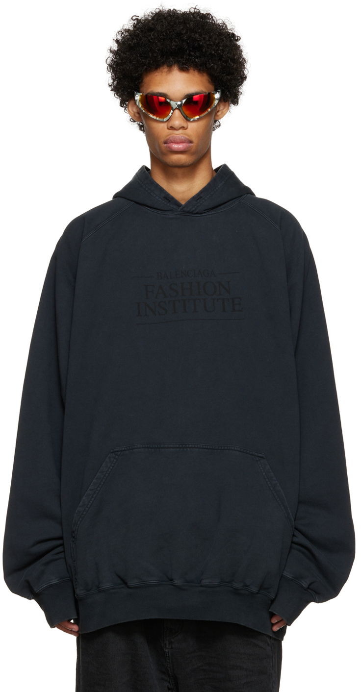 Sweatshirt Balenciaga Institute Graphic Print Cotton-Blend Hoodie Svart | 697879-TMVK1-8190