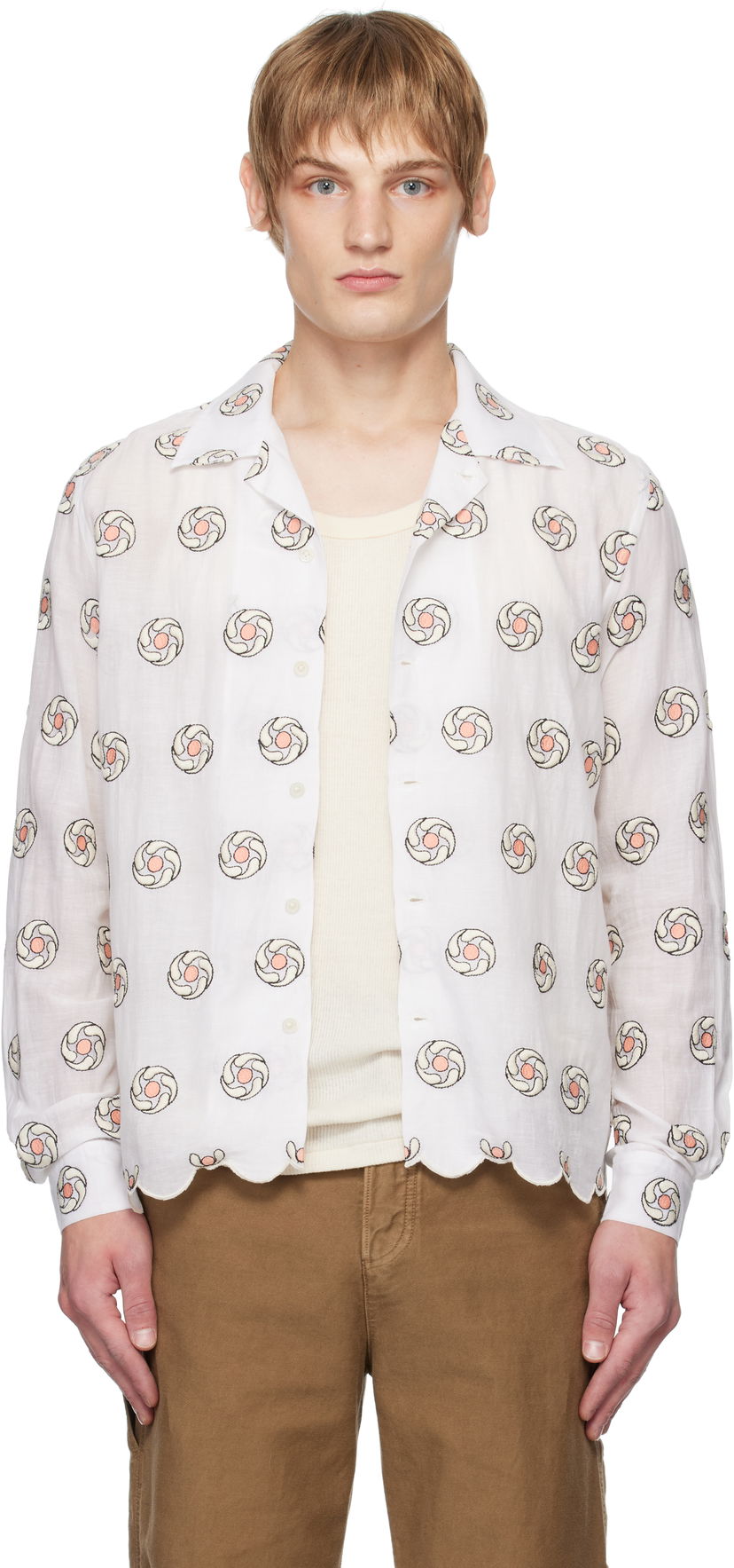 Skjorta Bode Floral Aperture Long Sleeve Shirt Vit | MRF24SH048