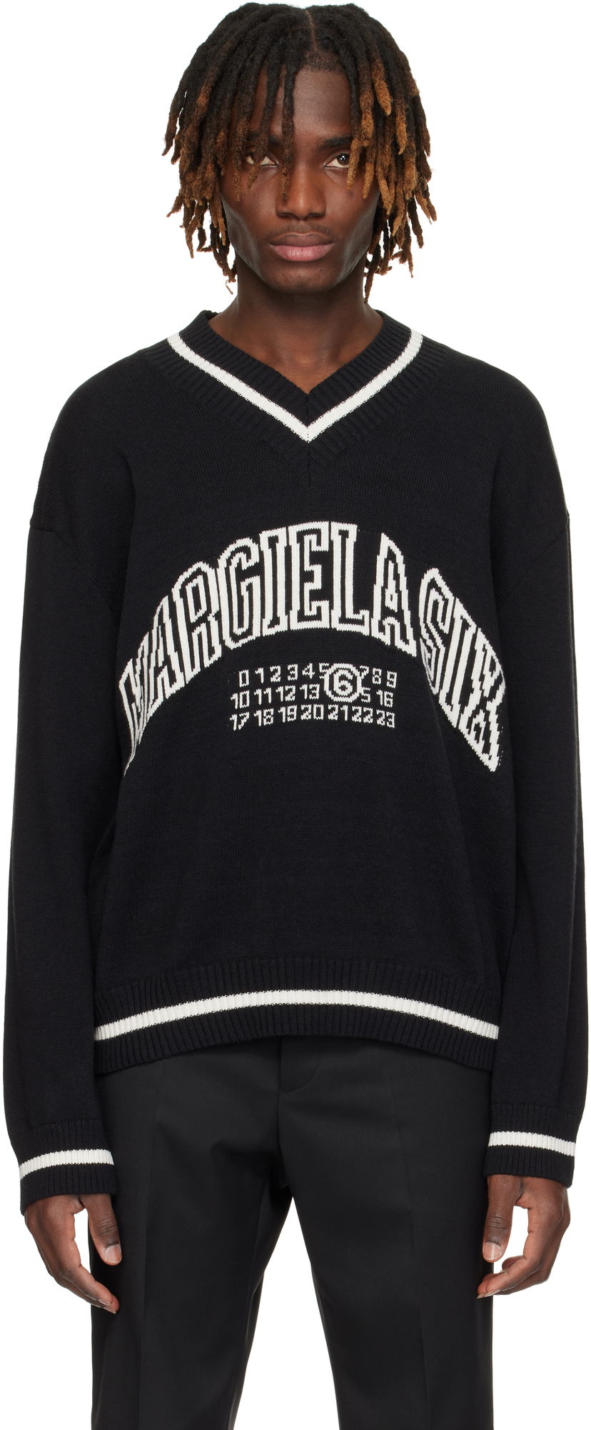 Sweater Maison Margiela MM6 Maison Margiela V-Neck Varsity Sweater Svart | SH0HN0002 M13085