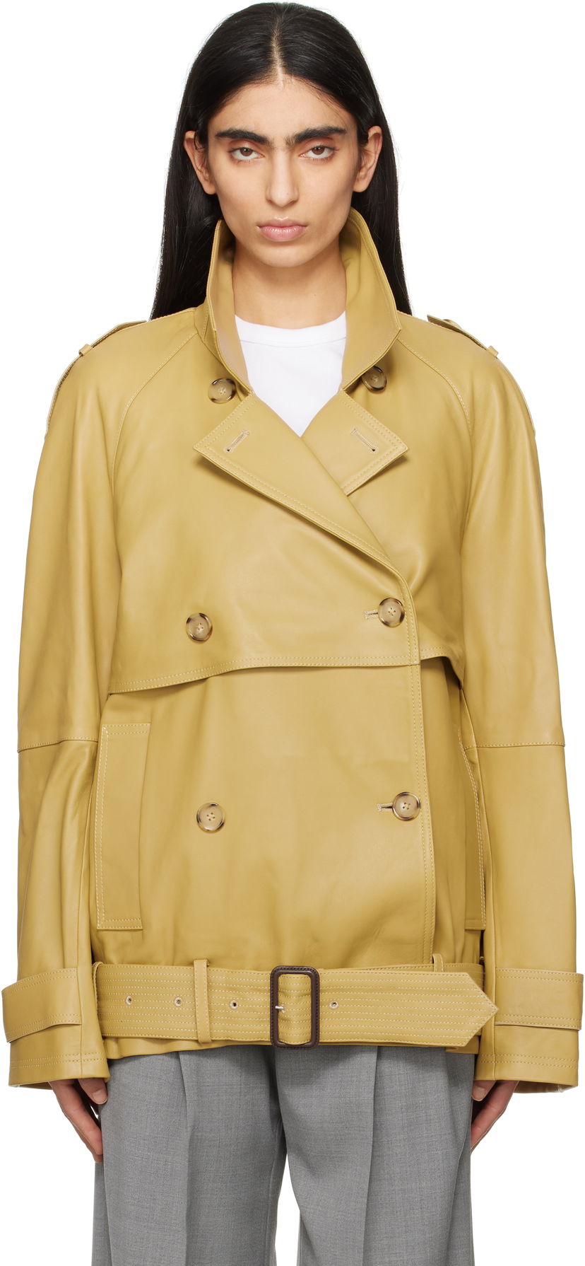 Trenchcoat TOTEME TOTEME Short Trench Leather Jacket Gul | 252-WRO0185-LE0127