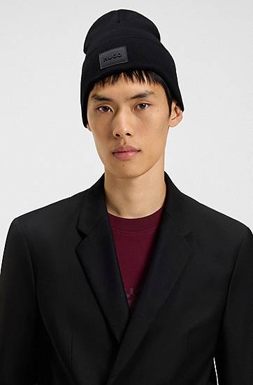 Mössa BOSS Knitted beanie hat in cotton with logo badge Svart | 50551508, 1