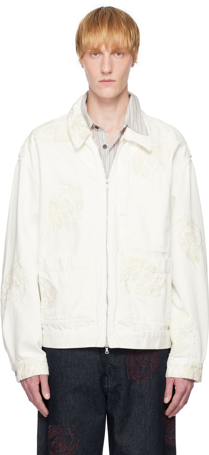 Jacka Dries Van Noten Dries Van Noten Embroidered Pattern Denim Jacket Vit | 251-080505-1555