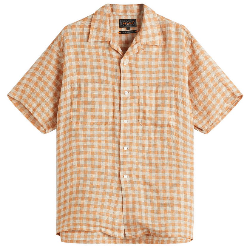 Skjorta BEAMS Beams Plus Open Collar Panama Plaid Linen Shirt, Size Large Orange | 3801-0179-139-45