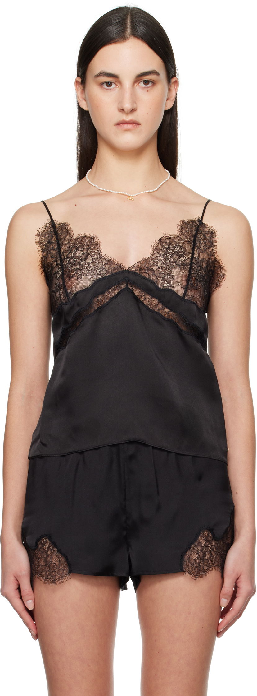 Pyjamas Anine Bing Anine Bing Dorothy Lace-Trim Silk Camisole Svart | A-10-10358-BLK26
