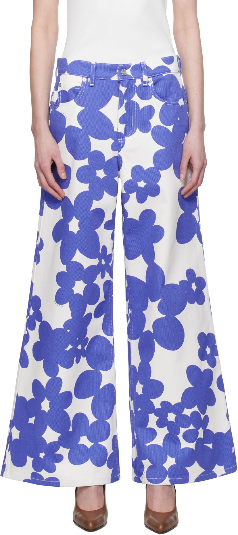 Byxor Marni Marni Floral Print Wide-Leg Trousers Vit | PAMA0514S0 UTC462