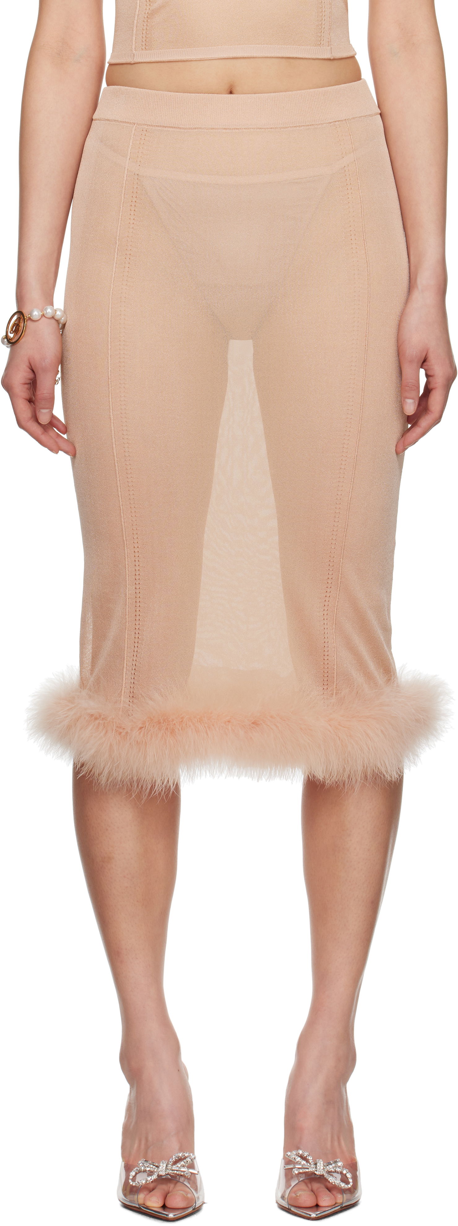 Kjol Blumarine Blumarine Knit Midi Skirt with Feather Trim Beige | P522G234A, 0
