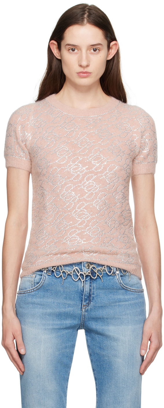Sweater Blumarine Pink Crystal Pattern Short Sleeve Sweater Rosa | P422M453A