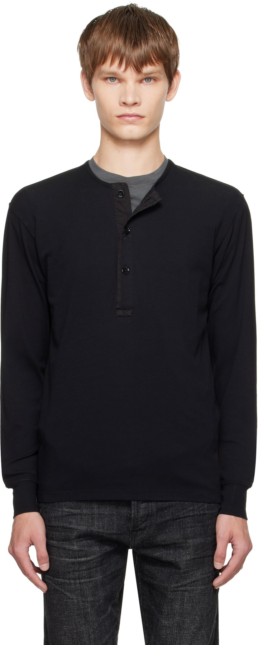 Sweater Tom Ford TOM FORD Stretch Rib Henley Svart | JHL019-JMC067