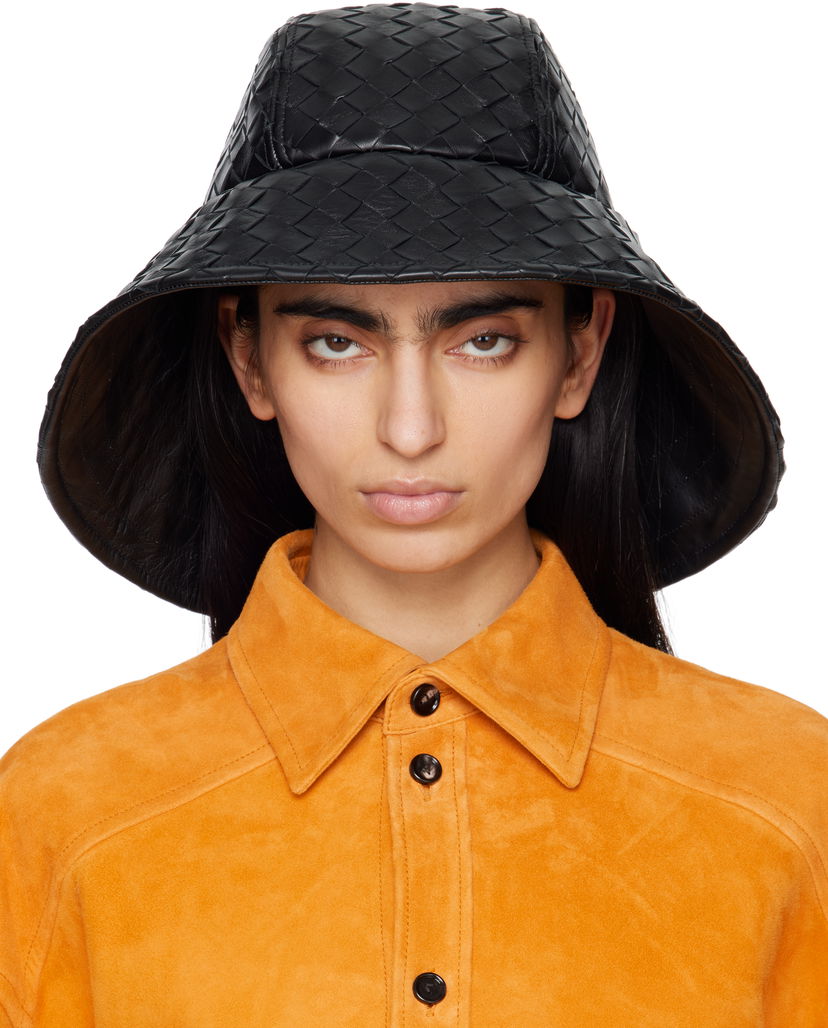 Hatt Bottega Veneta Bottega Veneta Intrecciato Leather Beach Hat Svart | 821608 V2JG0