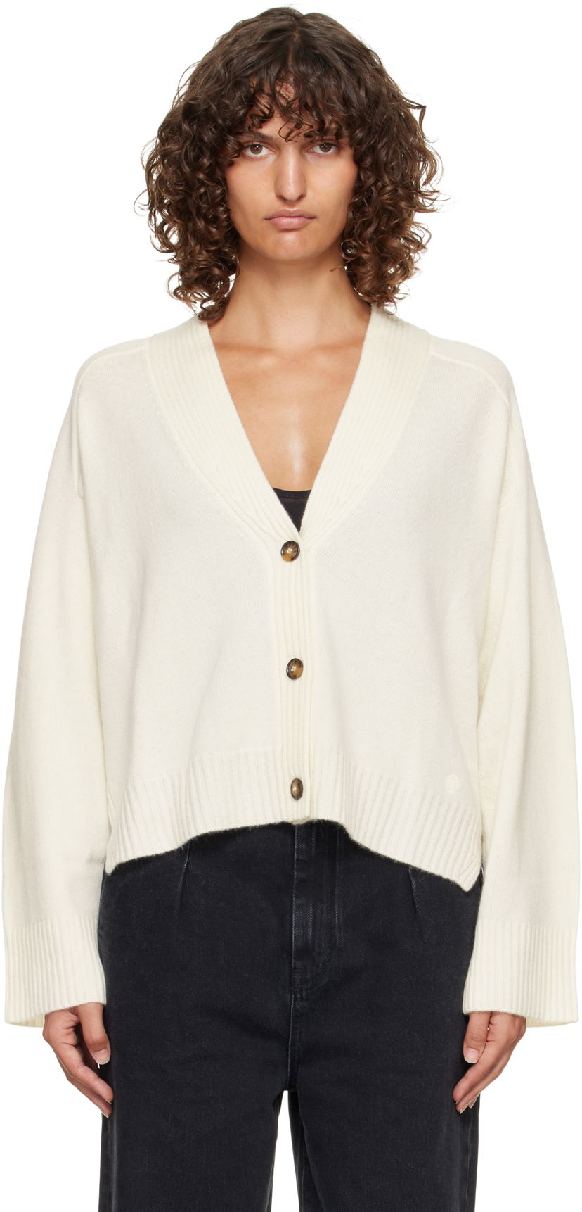 Sweater Loulou de Saison Loulou de Saison Kaia Ribbed Neckline Cardigan Vit | KAIA LDS
