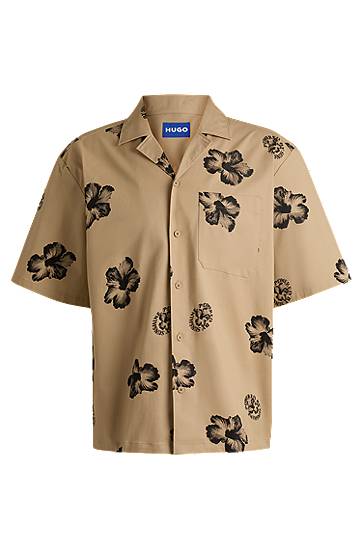 Skjorta BOSS HUGO Relaxed-Fit Hibiscus-Print Stretch Cotton Shirt Beige | 50539135