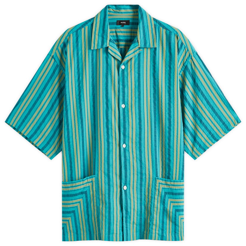 Skjorta BEAMS Men's Stripe Open Collar Shirt, Size Large Turkos | 1101-0564-803-73