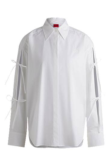 Skjorta BOSS Oversized Cotton Blouse with Sleeve Bows Vit | 50538440