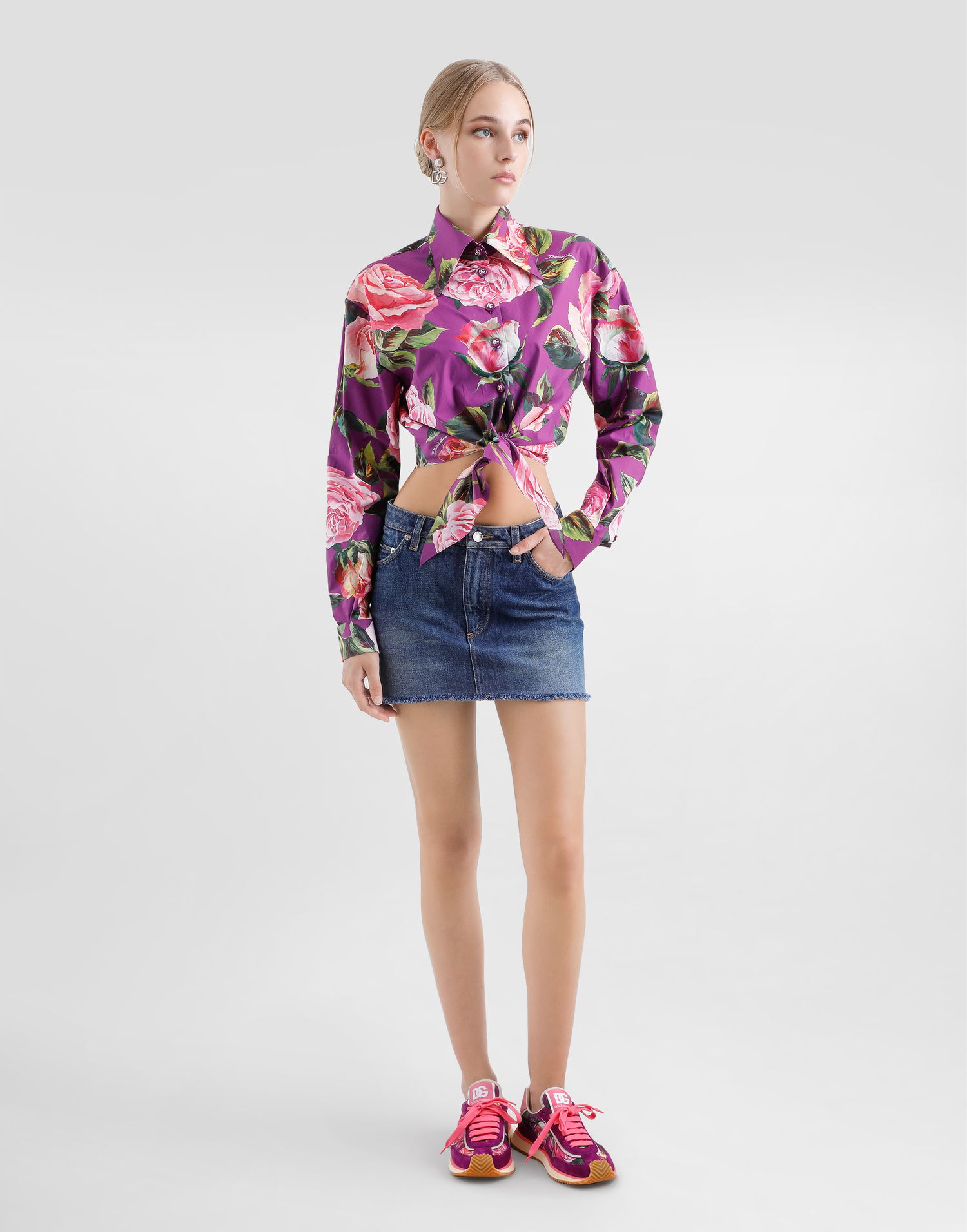 Skjorta Dolce & Gabbana Dolce & Gabbana Rose Print Tie-Front Cropped Shirt Purpur | F5R73THS5TDHP5IG, 1