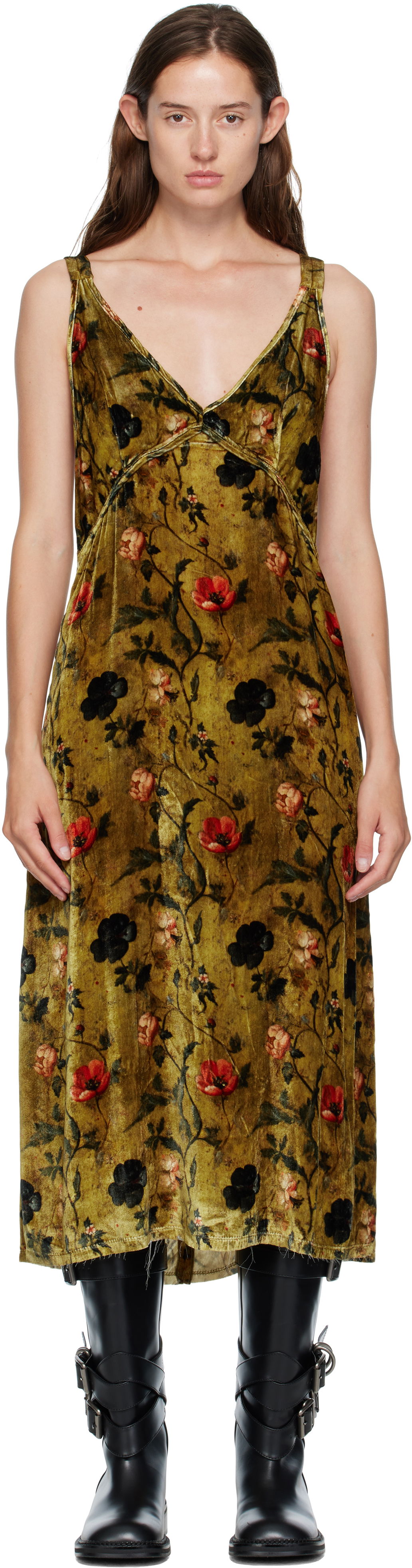Klä R13 R13 Grunge Floral-Print Velvet Slip Midi Dress Grön | R13WR477-R595A, 0