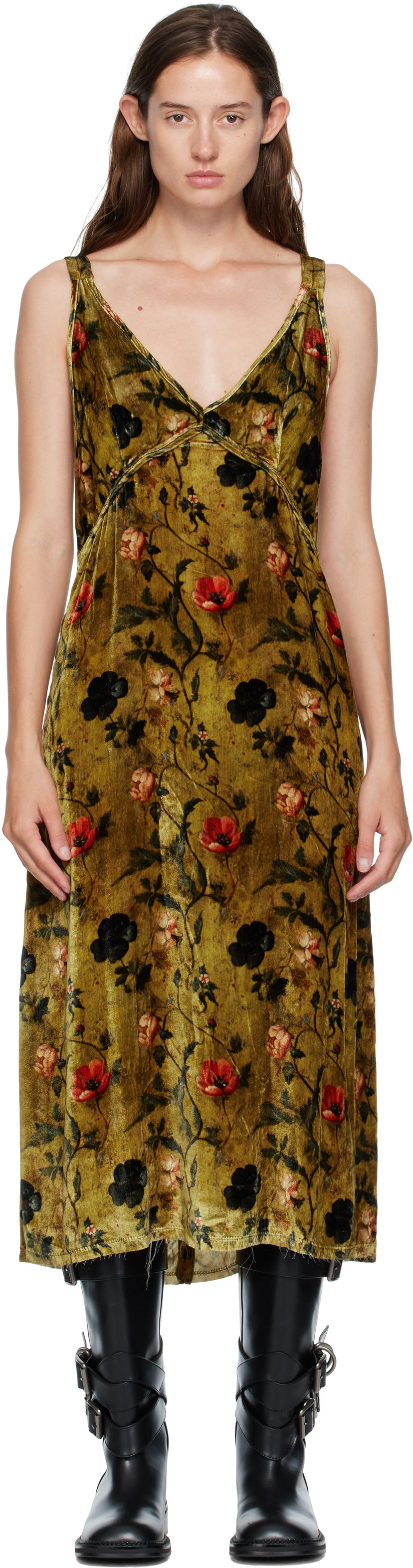 Klä R13 R13 Grunge Floral-Print Velvet Slip Midi Dress Grön | R13WR477-R595A