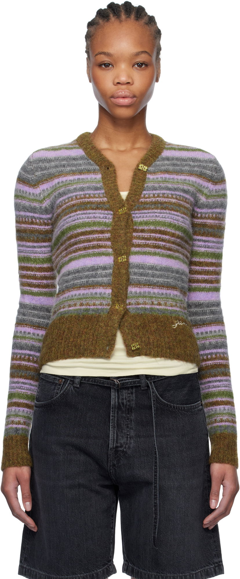 Sweater GANNI Ganni Soft Wool Stripe Cardigan Flerfärgad | K2355