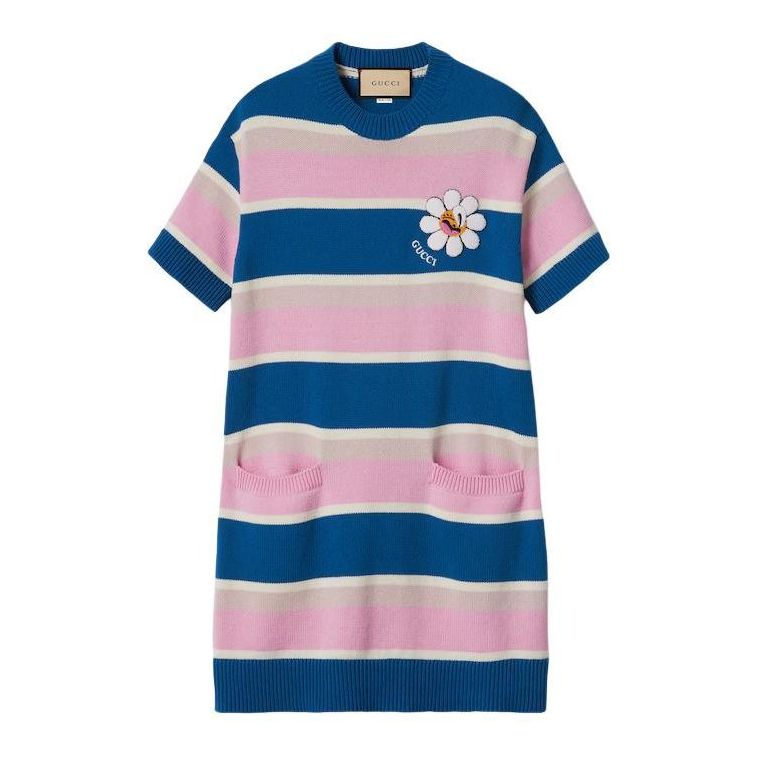 Klä Gucci Striped Cotton Wool Dress with Floral Applique Blå | 782228-XKDZ1-4915