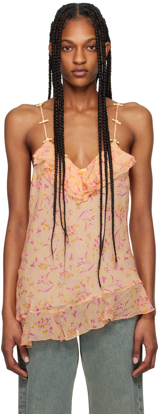 Linne Anna Sui Floral Print Ruffled Asymmetrical Tank Top Orange | 324C20