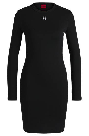 Klä BOSS HUGO Ribbed Stretch Dress with Stacked Logo Svart | 50518385