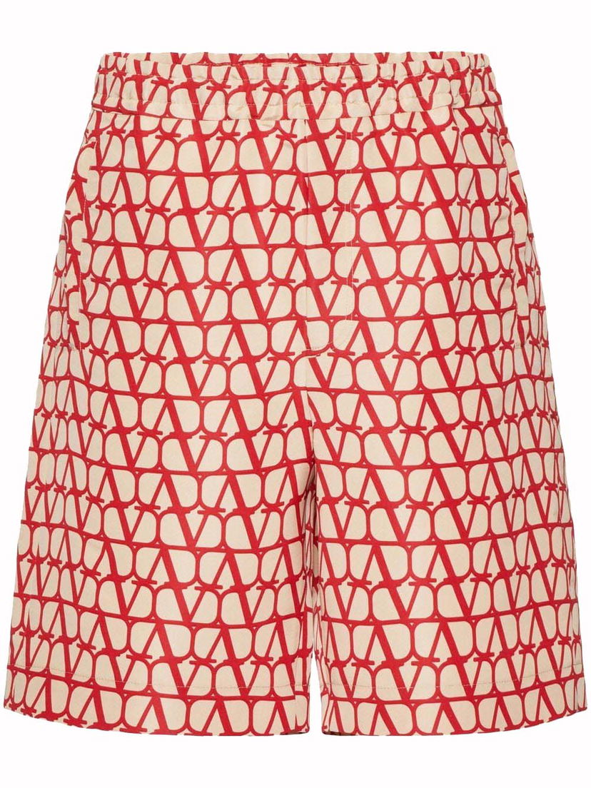 Shorts Valentino Allover Logo Silk Bermuda Beige/Red Röd | VRDK219D0
