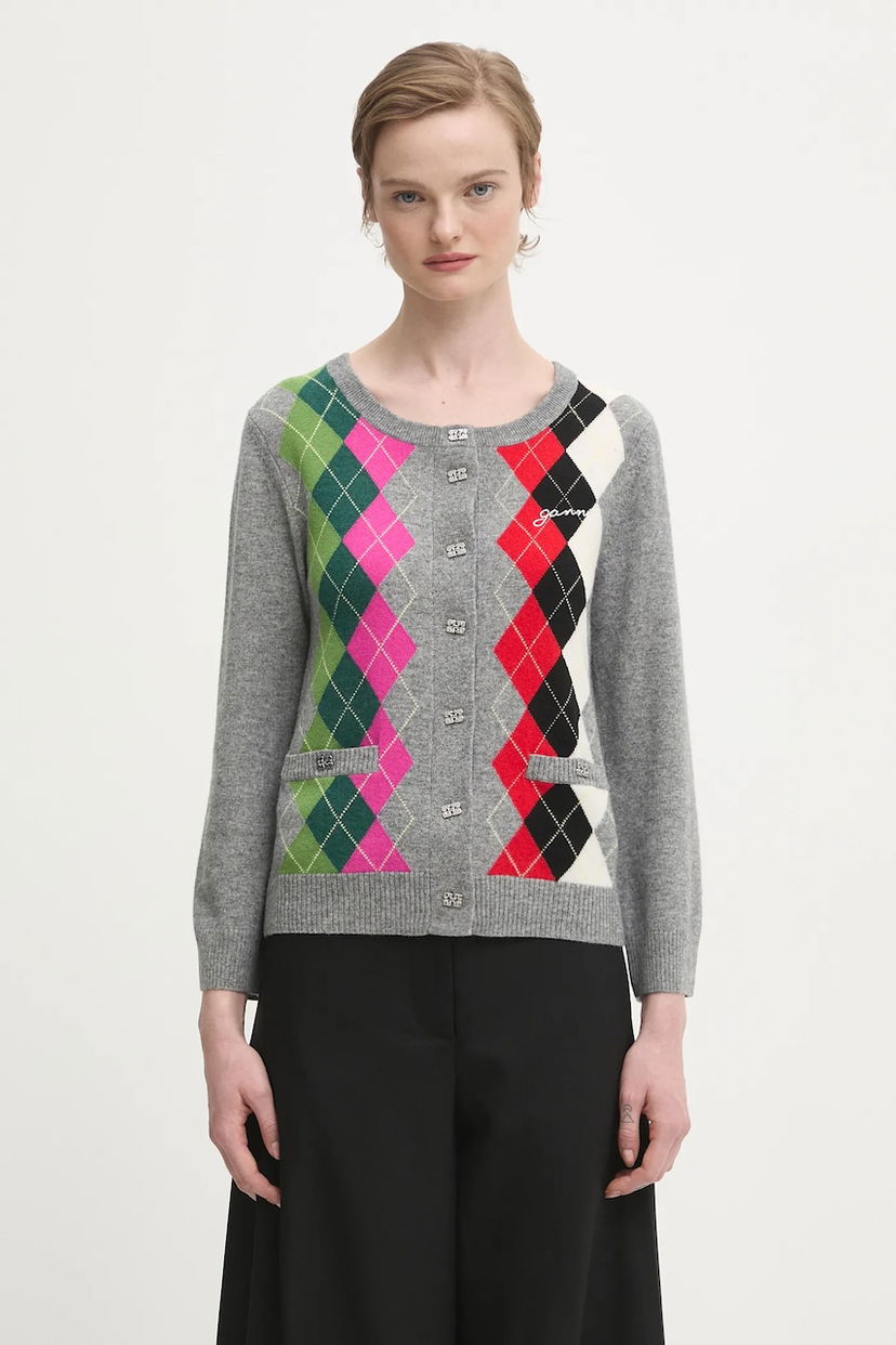 Sweater GANNI Multicolor Argyle Cashmere Wool Mix Round Neck Cardigan Flerfärgad | K2512