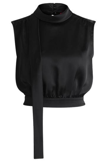 Linne BOSS Satin Sleeveless Tie-Neck Blouse Svart | 50530475