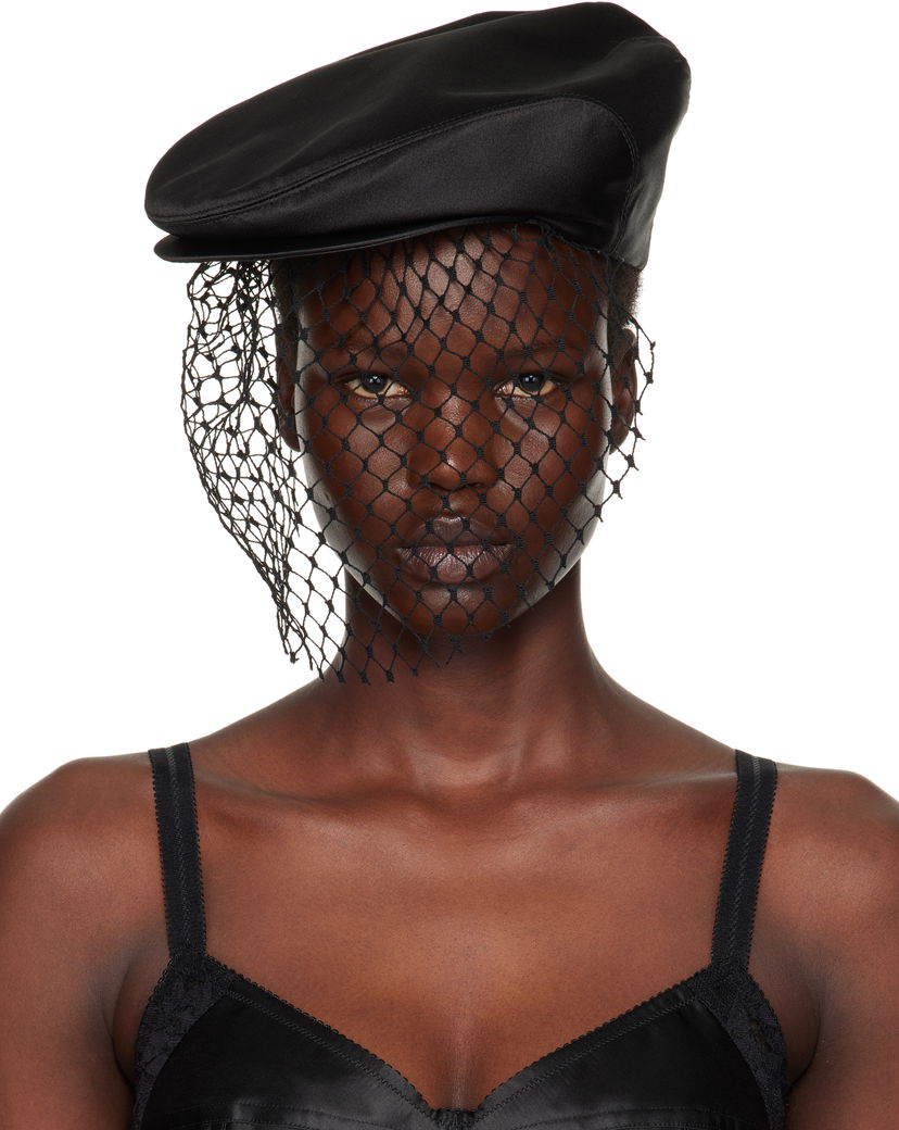 Basker Dolce & Gabbana Silk Satin Flat Cap with Veil Svart | FH664A GDCRR