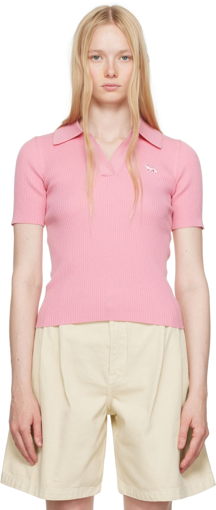 Polotröja MAISON KITSUNÉ Maison Kitsuné Baby Fox Patch Fine Ribbed Polo Rosa | OW00201KT1091
