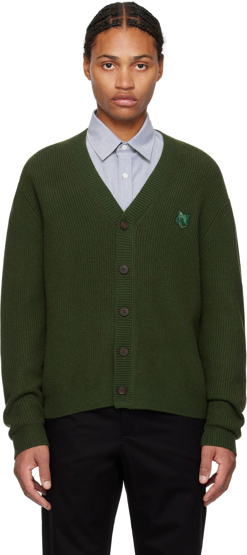 Sweater MAISON KITSUNÉ Ribbed Cardigan With Logo Patch Grön | NM00501KT1093