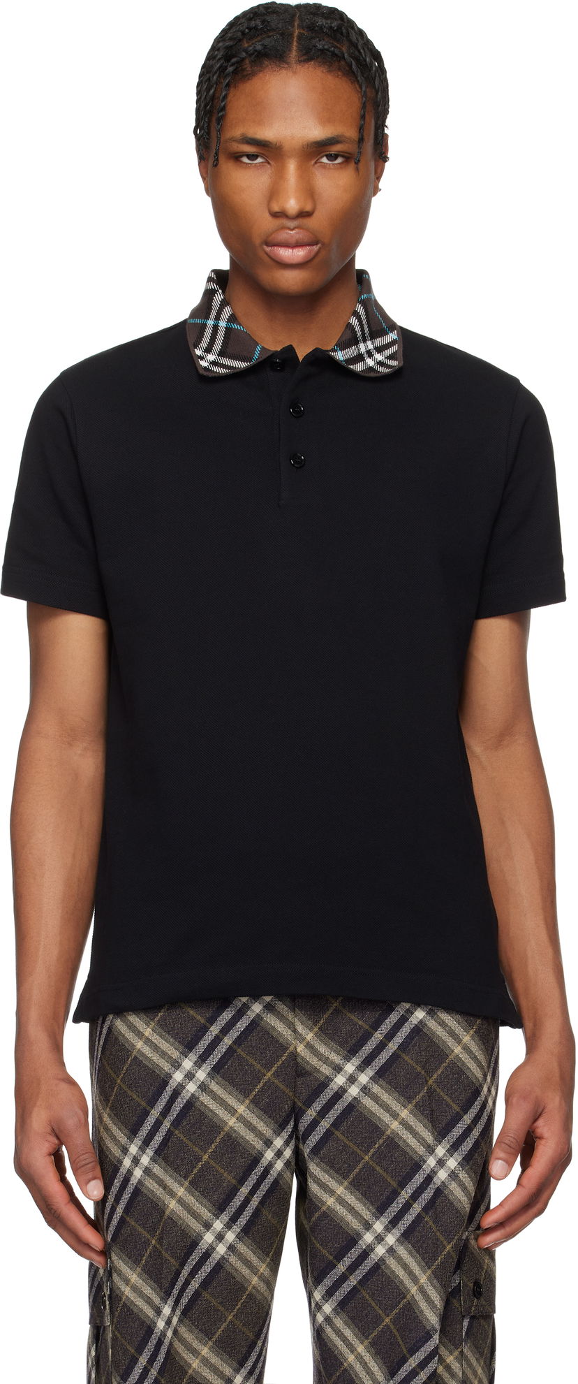 Polotröja Burberry Burberry Cotton Polo with Plaid Collar Svart | 8103865