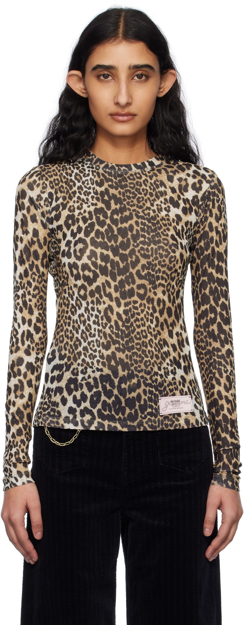 T-shirt GANNI GANNI Leopard Print Long Sleeve T-Shirt Beige | T4208