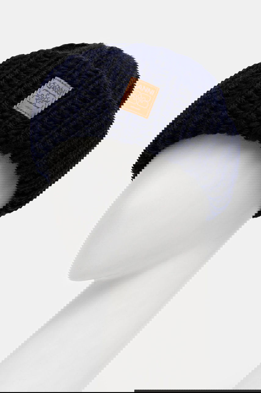 Mössa GANNI Graphic Wool Hand Knit Beanie Mörkblå | A7171, 1