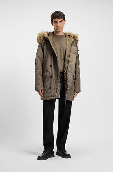 Parkas BOSS Water-repellent parka jacket with faux-fur hood Grön | 50546236, 1