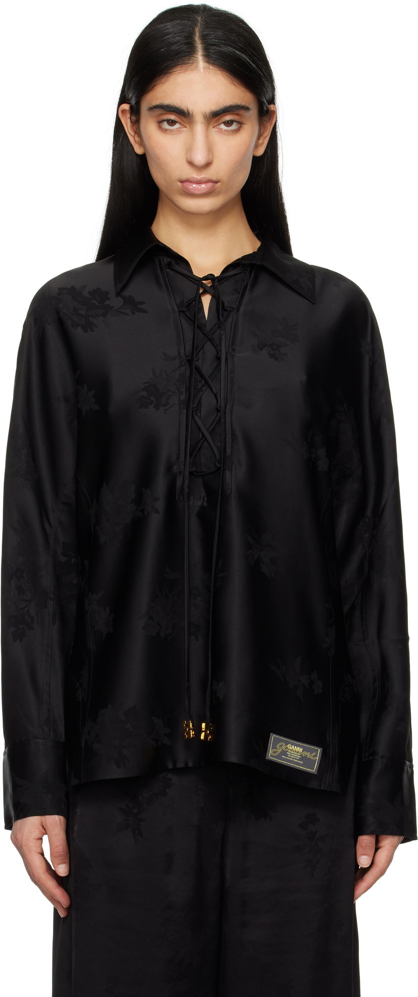 Skjorta GANNI GANNI Satin Jacquard Tie-String Shirt Svart | W0359