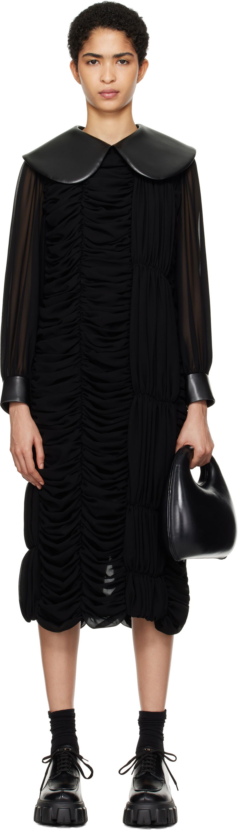 Klä Comme des Garçons Faux-Leather Collar Georgette Midi Dress Svart | GN-O008-051