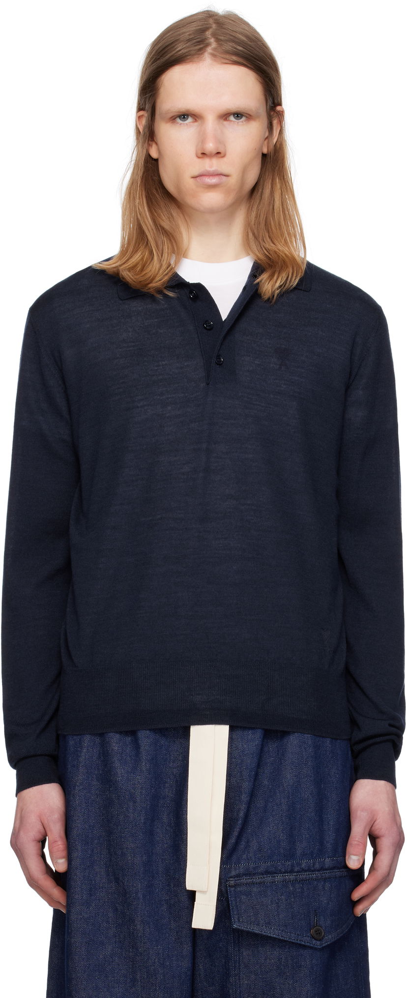 Sweater AMI AMI Paris Tonal De Coeur Polo Mörkblå | HPL366.KN0066