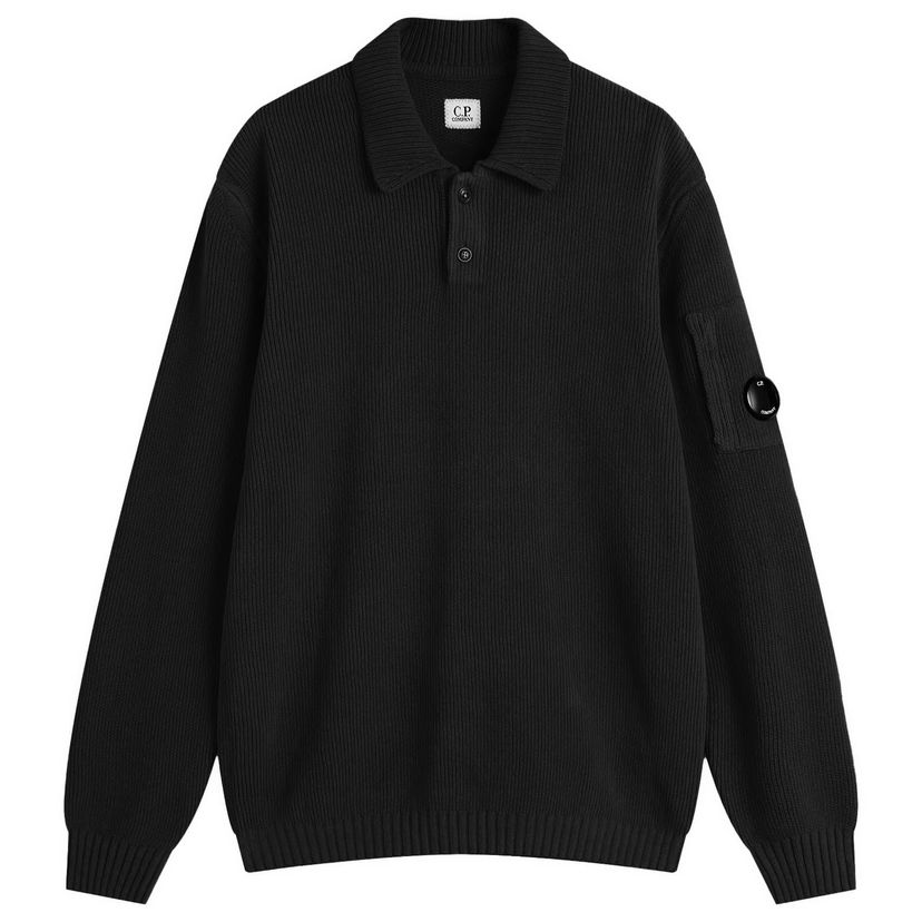 Sweater C.P. Company C.P. Company Chenille Ribbed Knit Polo, Size Large Svart | 19CMKN021A-005558G-999
