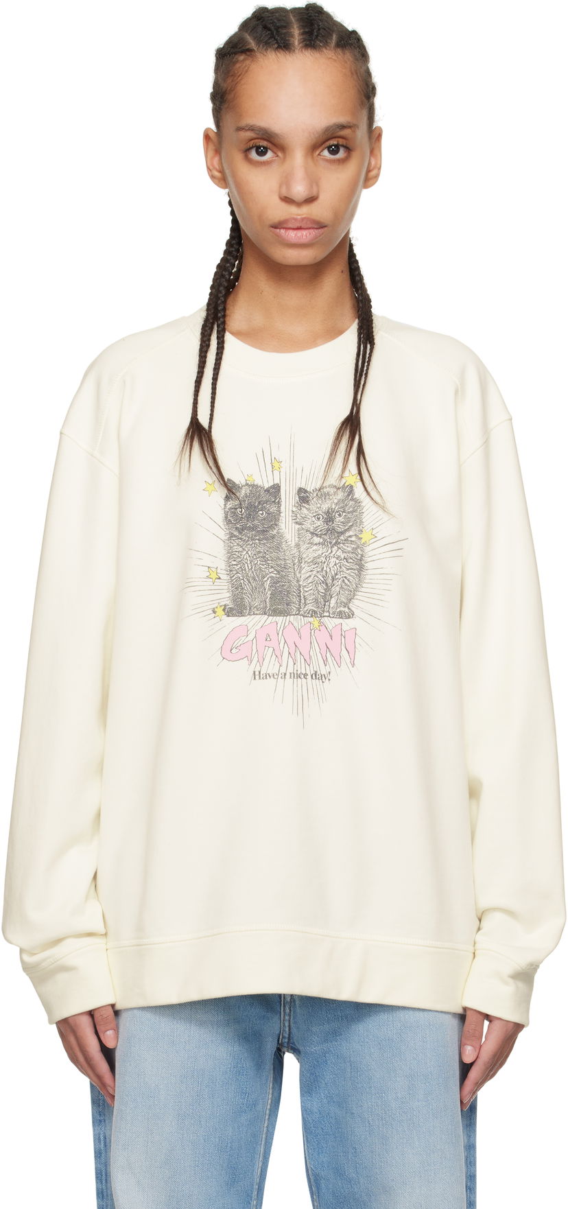 Sweatshirt GANNI GANNI Isoli Kittens Drop Shoulder Sweatshirt Beige | T4163