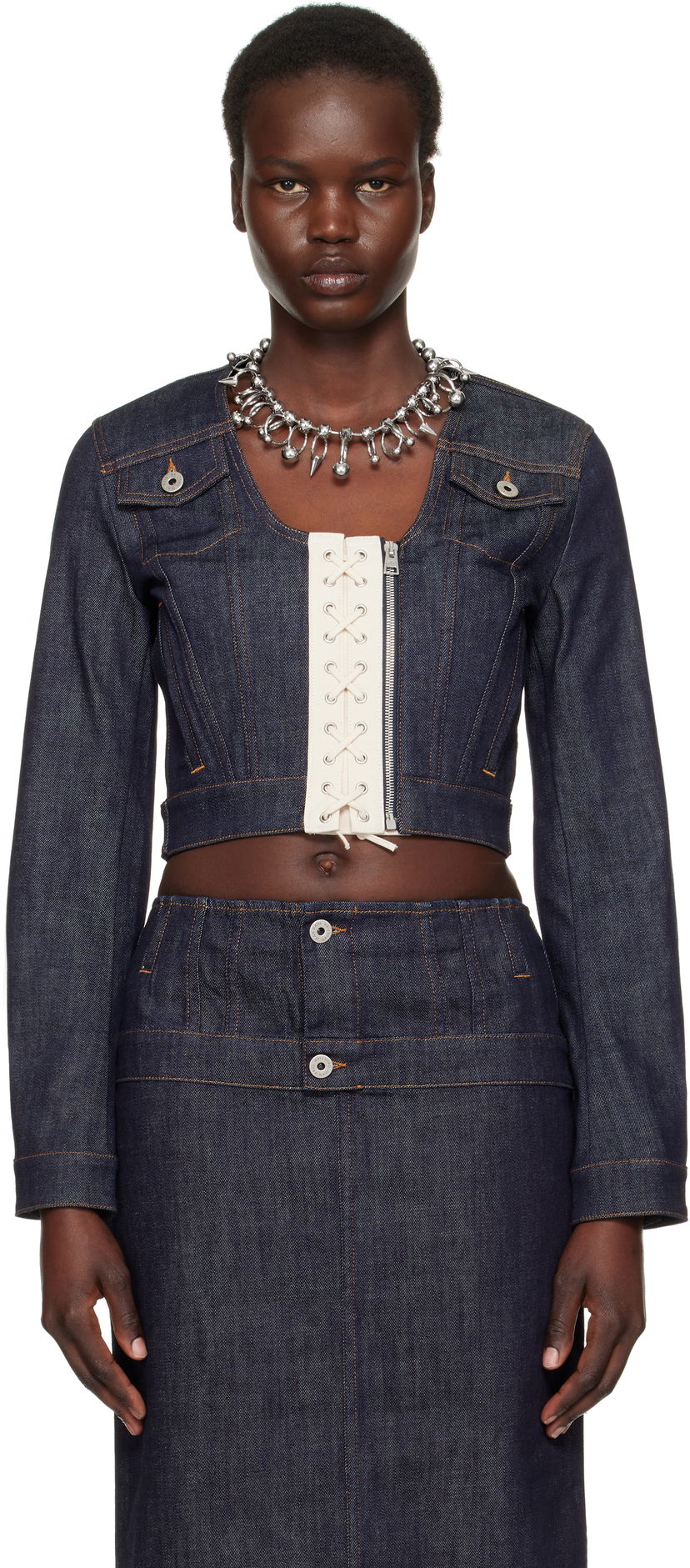 Jacka Jean Paul Gaultier Jean Paul Gaultier 'The Contrasting Lace-Up' Cropped Denim Jacket Blå | 25/33-F-VE085-D019-5568